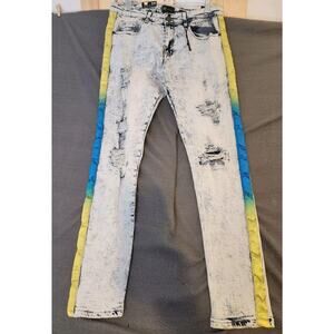 NEW $65 Waimea Jeans Skinny Fit 34 x 32 Acid Wash Blue Side Stripe‎ Distressed
